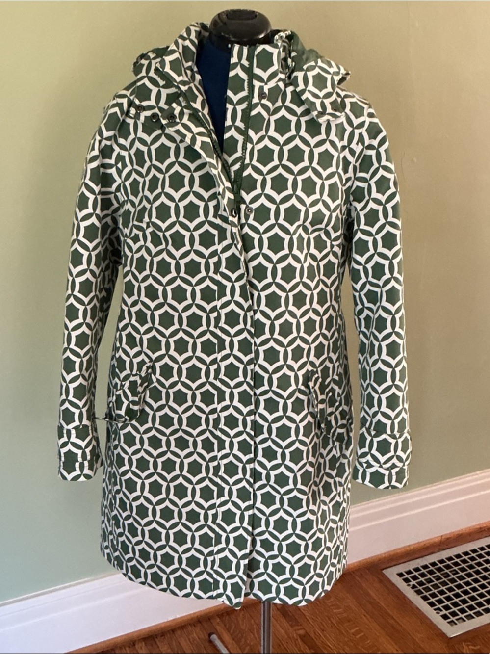 Boden Green & White Geometric Hooded Rain Coat